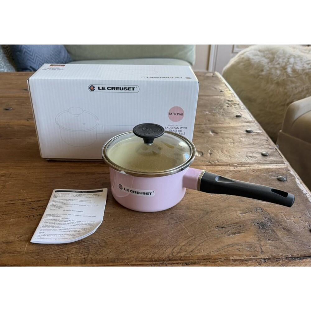 Le Creuset Enamel on Steel Saucepan with glass lid 5.5 in 1.5 qt Satin Pink NEW